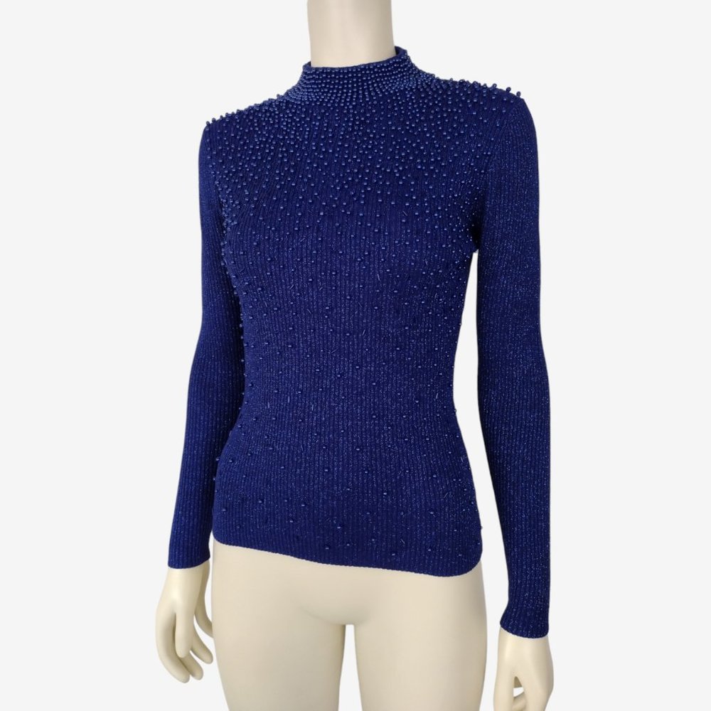 Vintage 1980s Blue Metallic Silk Beaded Stretch Knit Mock Neck Sweater - Picture 4 of 12